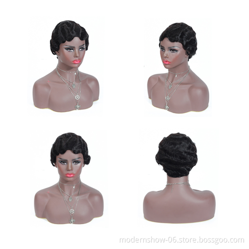 Wholesale Retro Water Finger Wave Short Pixie Cut Curly Bob Brazilian Human Hair Wigs For Black Women Cosplay Party